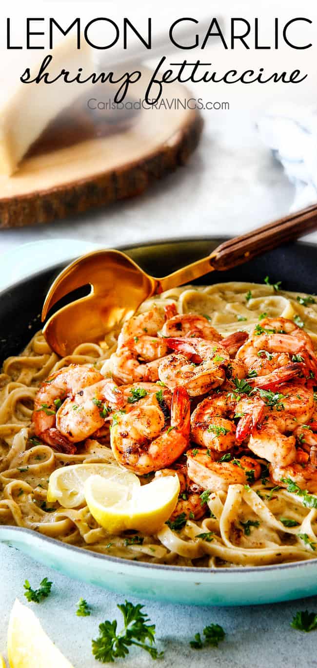 20 MINUTE Lemon Garlic Shrimp Fettuccine is wonderfully creamy, bursting with flavor and so easy!  The most gourmet tasting  dinner you can make in under 30 minutes!