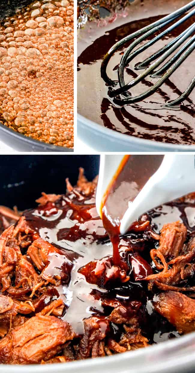 showing how to make caramel sauce for pulled pork in skillet then pouring it over pulled pork