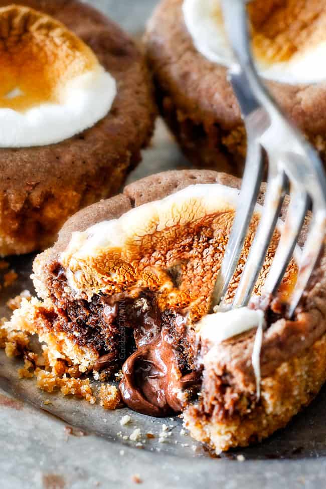 Biting into a S'mores Molten Lava Pies.