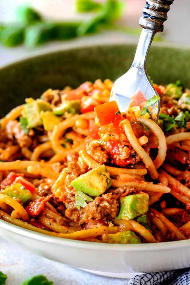 A fork full of Taco Spaghetti.