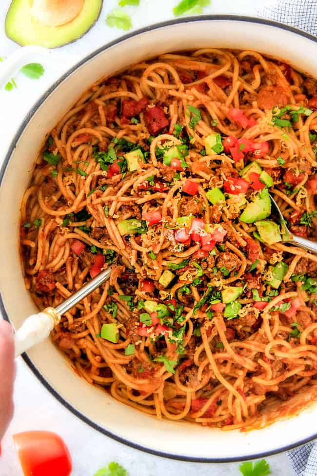 20 Minute Taco Spaghetti simple prep, TONS of flavor!