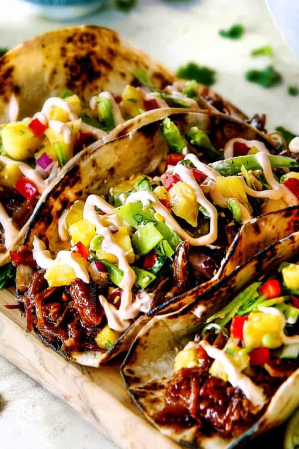 Asian Caramel Pulled Pork Tacos with Pineapple Snow Pea Slaw