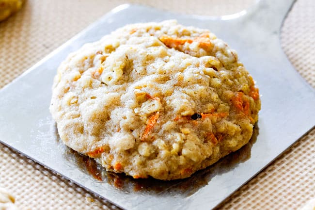Showing how to make Carrot Cake Cookies by taking out of the oven when edges are just golden