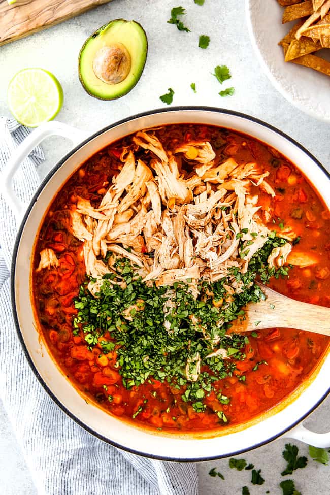 Showing how to make Slow Cooker chicken Tortilla Soup by adding broth and enchilada sauce to soup and cooking for 6 hours