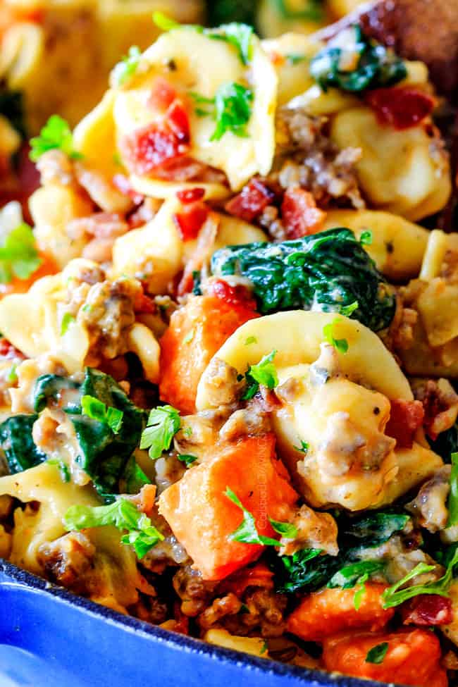 How to cook Creamy Tortellini skillet by stirring in freshly grated Parmesan into the sauce and stirring to combine