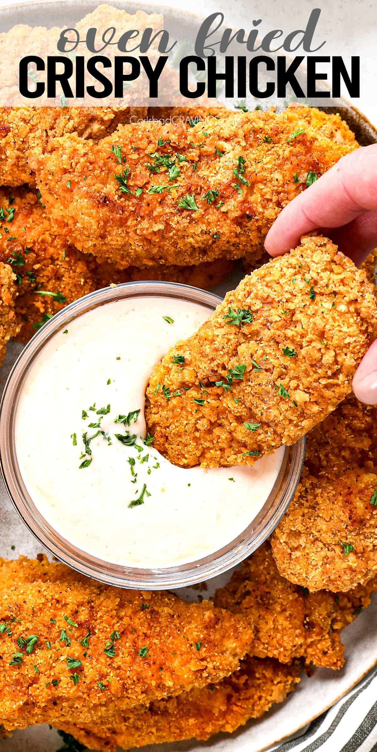 top view of oven fried chicken being served with ranch dip