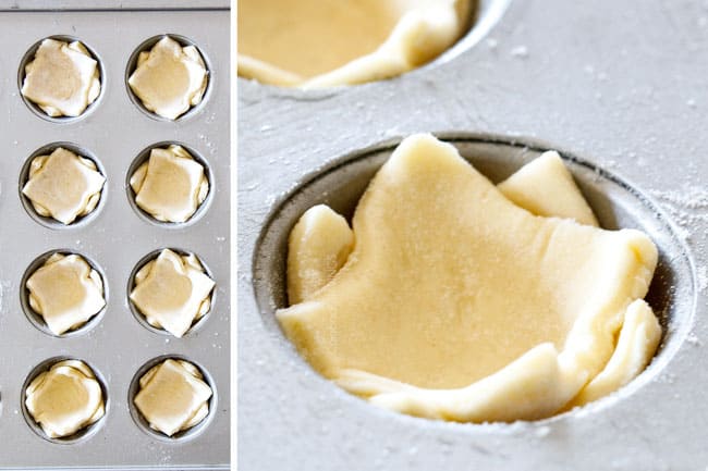 Showing how to make Artichoke Dip Bites by layering puff pastry in muffin tin