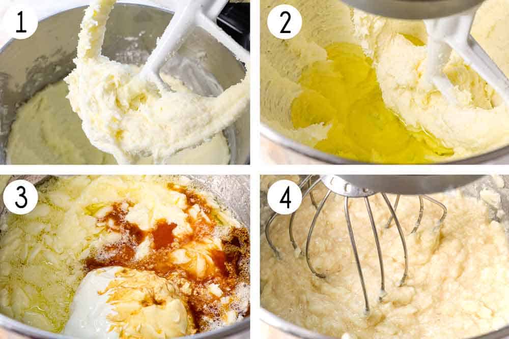 A collage showing how to make coconut cake by 1) creaming butter and sugars together, 2) beating in egg whites, 3) adding sour cream, vanilla extract, and coconut extract, 4) beating it together
