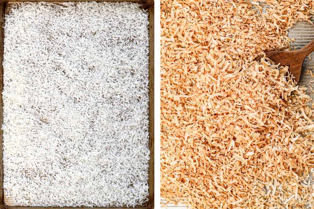 showing how to make coconut cake by toasting shredded coconut on a baking sheet in the oven untill golden