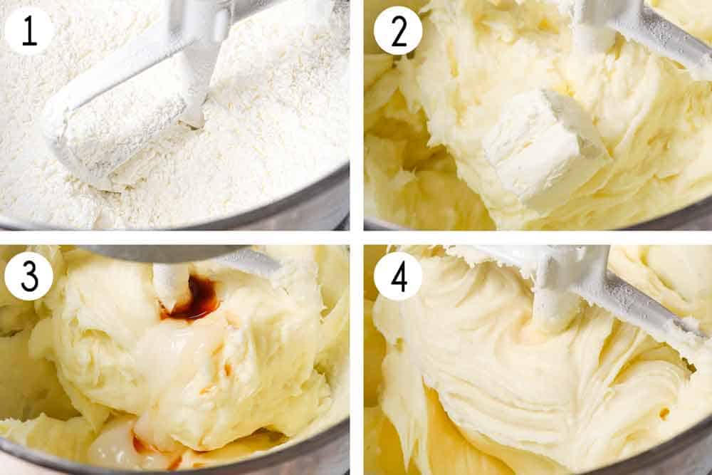 a collage showing how to make coconut cake frosting by beating the butter and powdered sugar, then adding the cream cheese, then adding the cream of coconut, vanilla extract and coconut extract and beating to combine