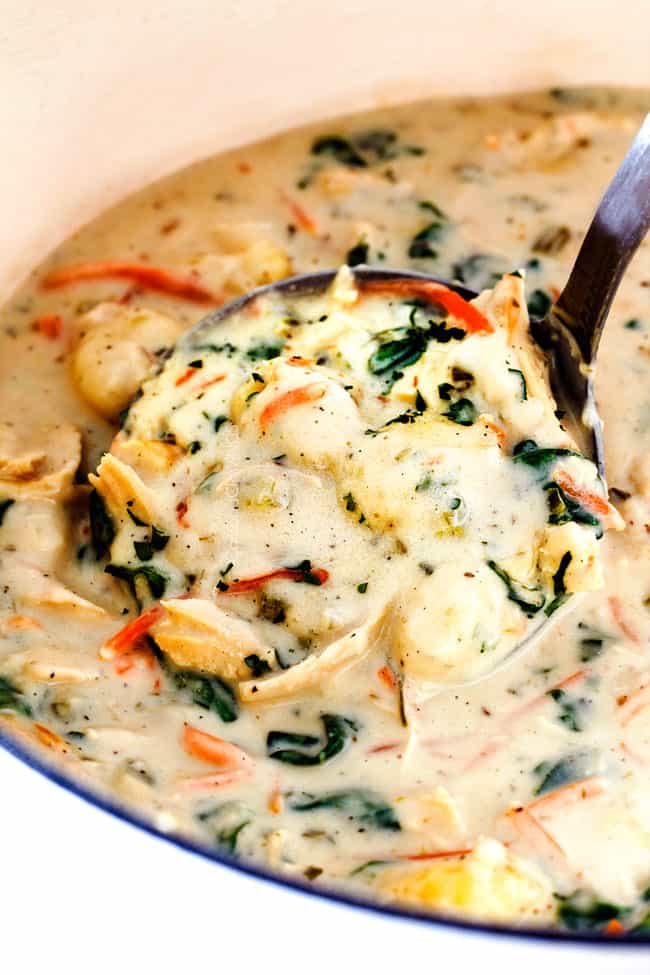 up close of healthy Olive Garden Chicken Gnocchi Soup