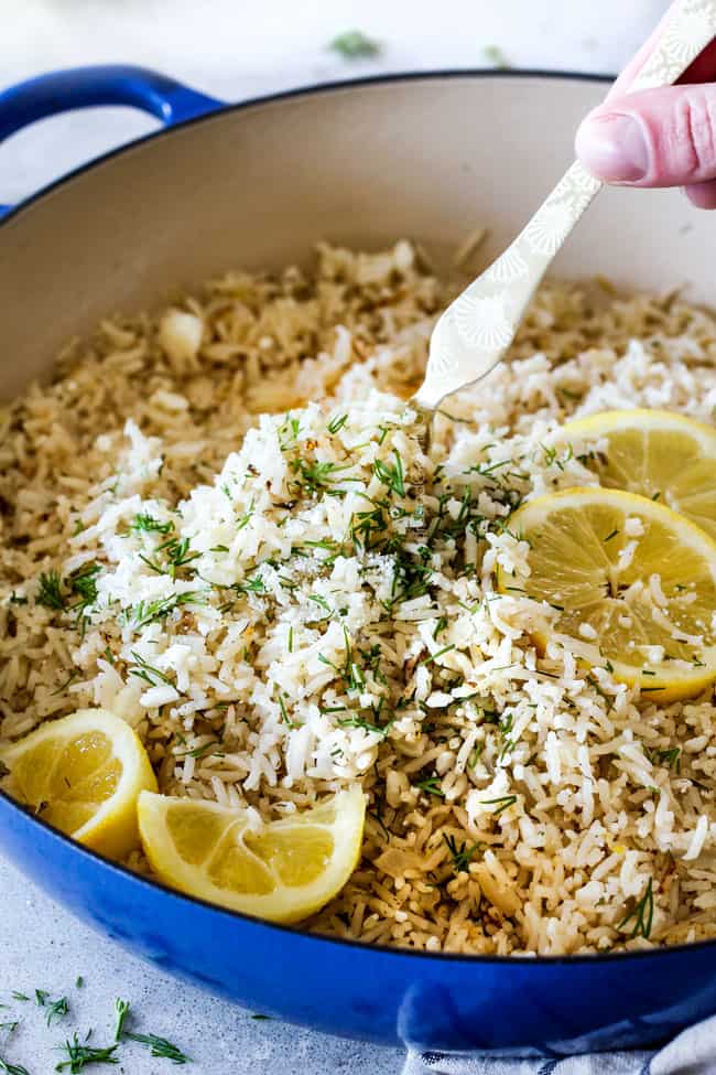 side view of Greek Lemon Rice in a blue skillet 