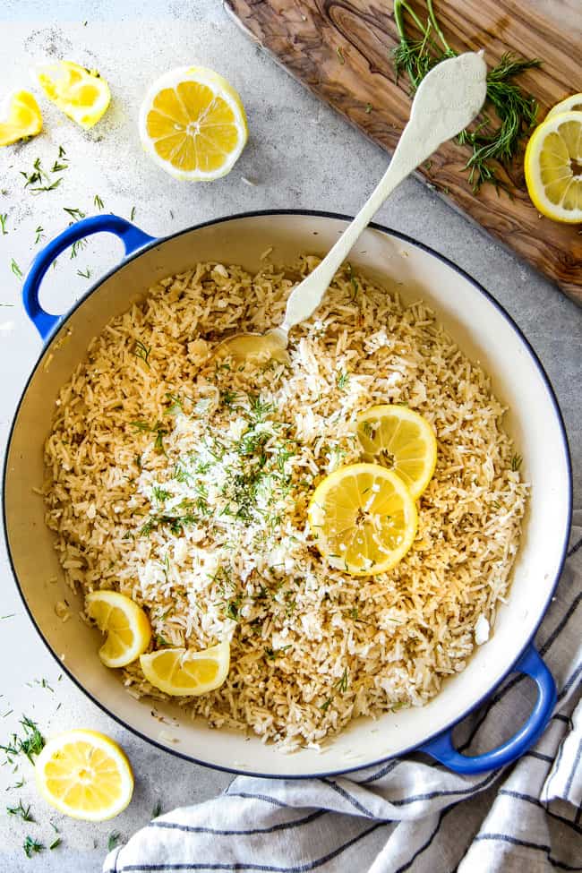Top view of Greek Lemon Rice in a blue skillet