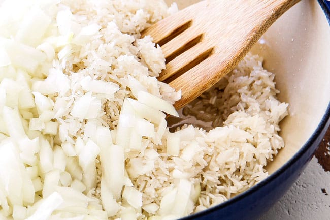 showing how to make easy Mexican Rice by cooking rice with onions