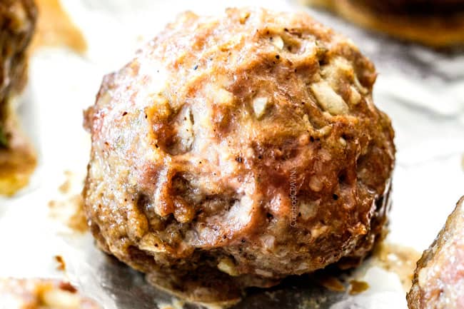 up close of juicy, tender Baked Swedish Meatball