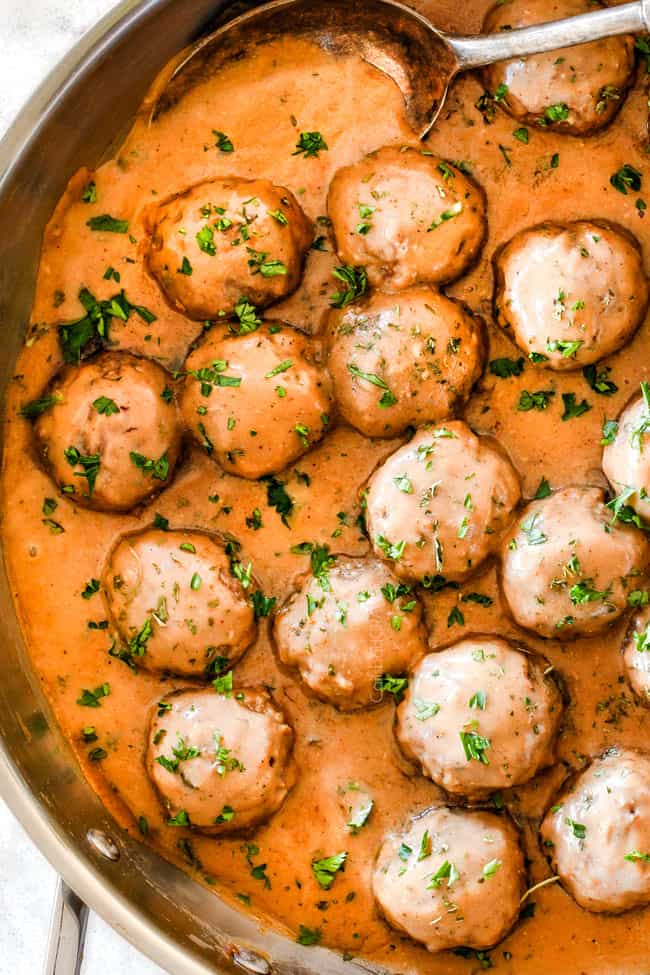 Top view of Swedish Meatballs in skillet with easy creamy gravy