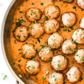 Top view of Swedish Meatballs in skillet with easy creamy gravy