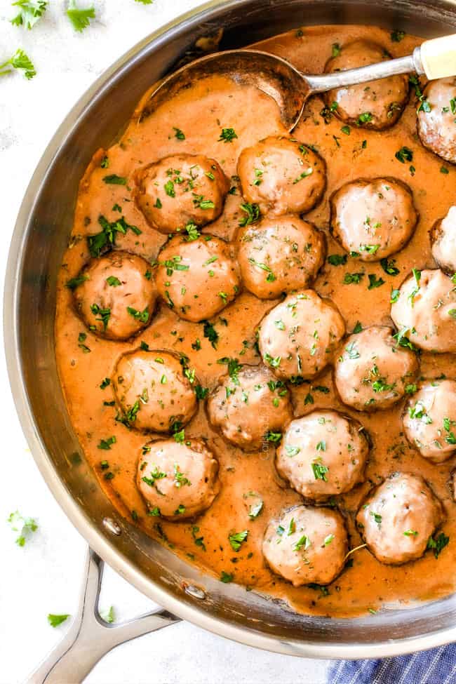 Top view of Swedish Meatballs in skillet with easy creamy gravy