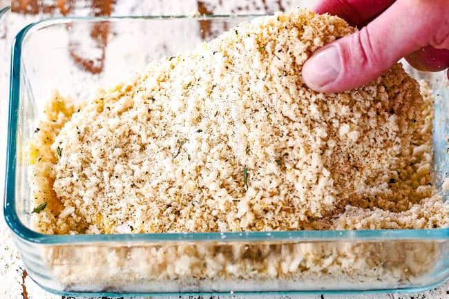 showing how to make easy chicken Parmesan by breading with crispy panko in a glass shallow dish