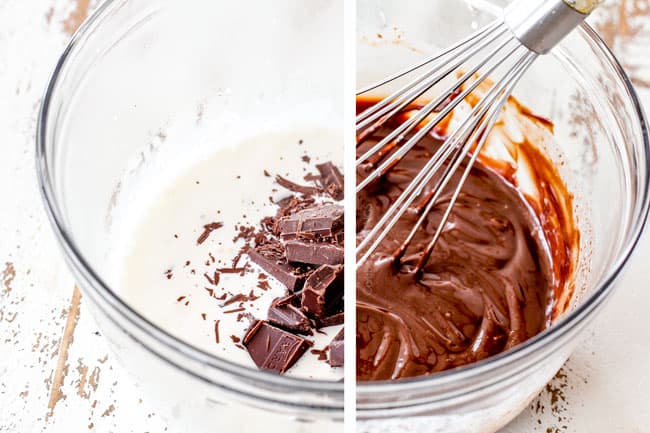 whisking together heavy cream and dark chocolate Showing how to make chocolate sauce for churros
