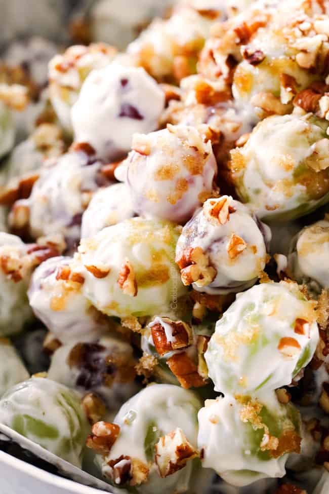 up close of best grape salad with brown sugar and pecans