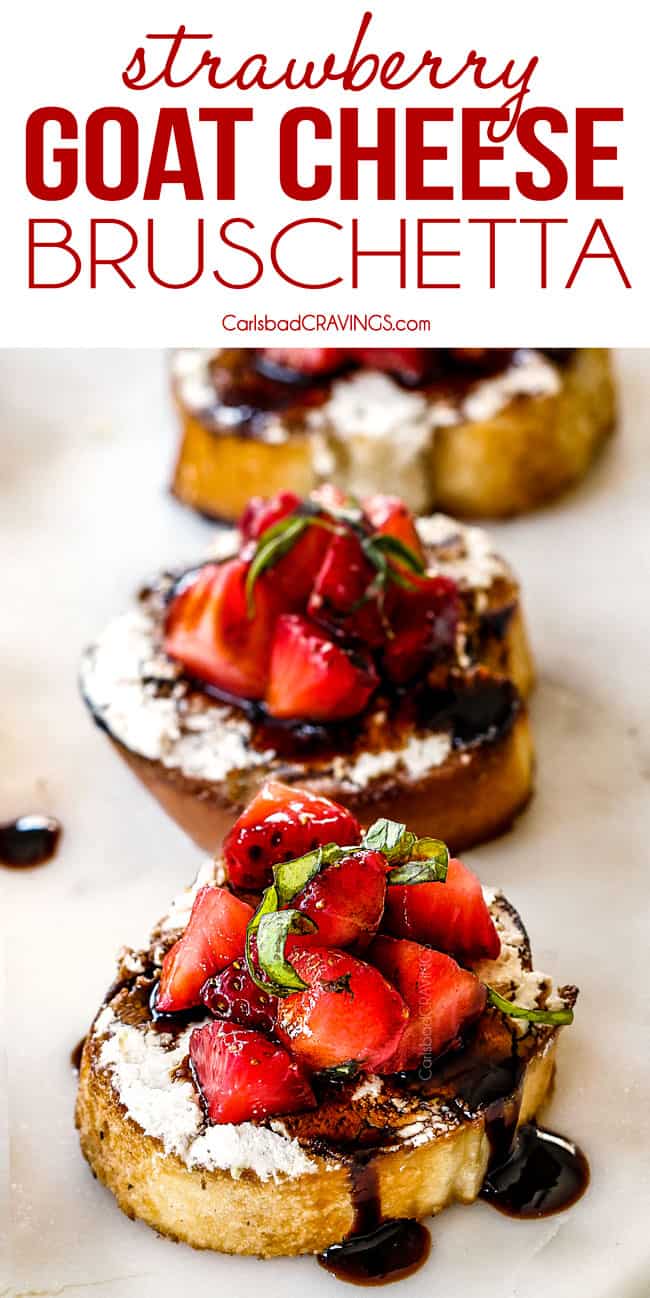 side view of easy Strawberry Goat Cheese Bruschetta on a white cutting board with Balsamic Reduction