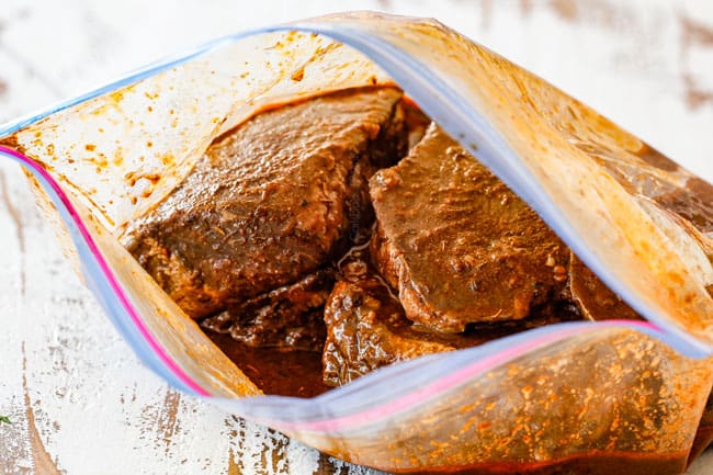 showing how to make Chimichurri Steak by marinating Brazilian steak in a bag