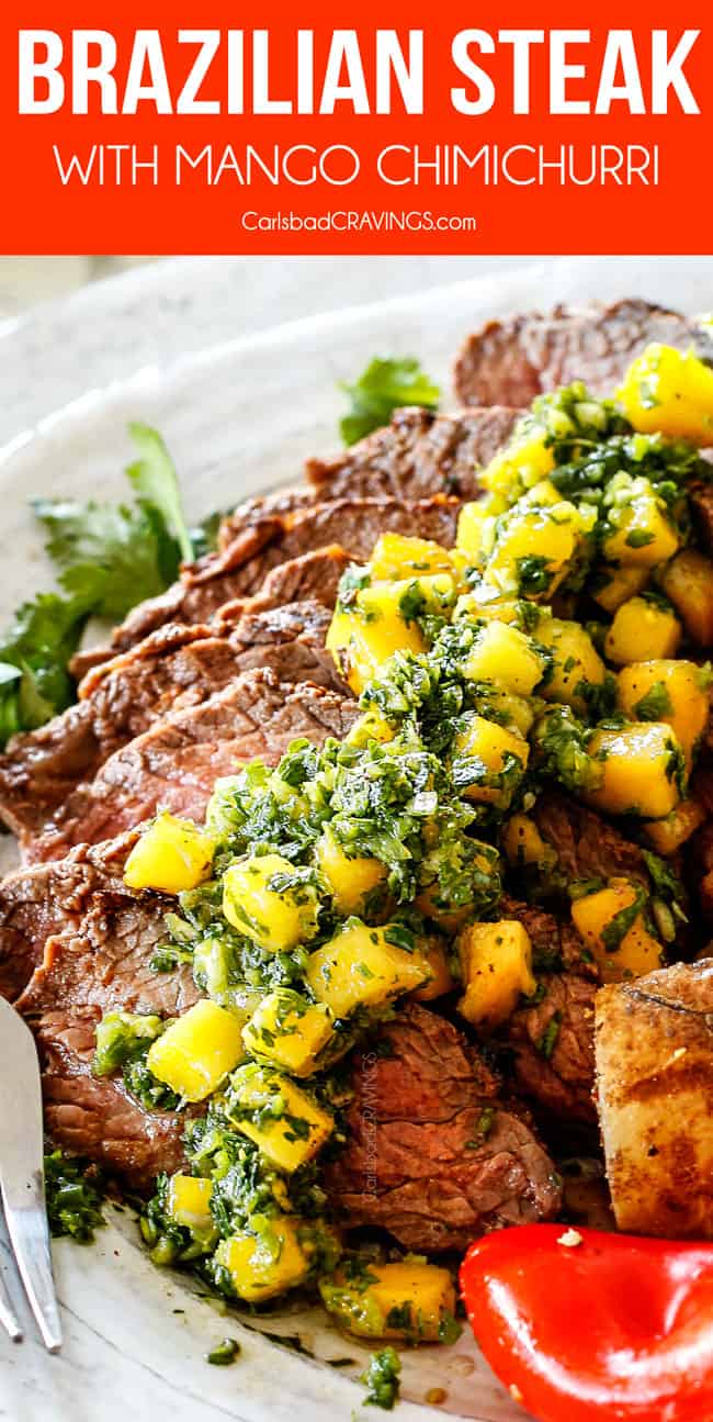 Chimichurri steak sliced on a plate with chimichurri