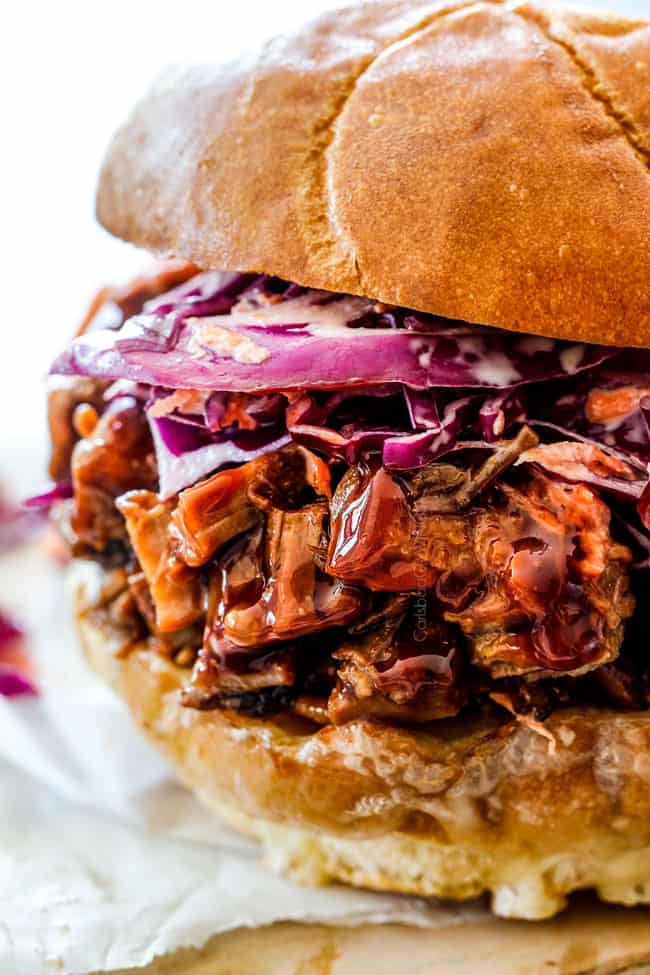 up close of easy brisket sandwich with coleslaw