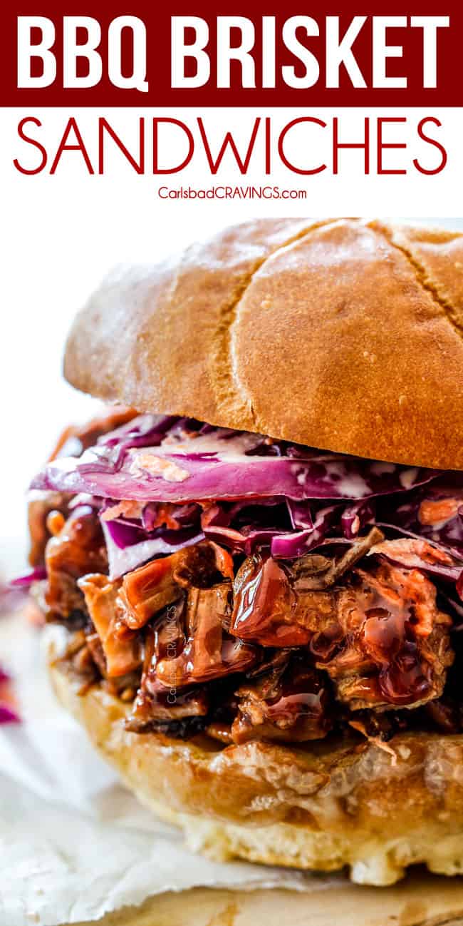up close of easy brisket sandwich with coleslaw