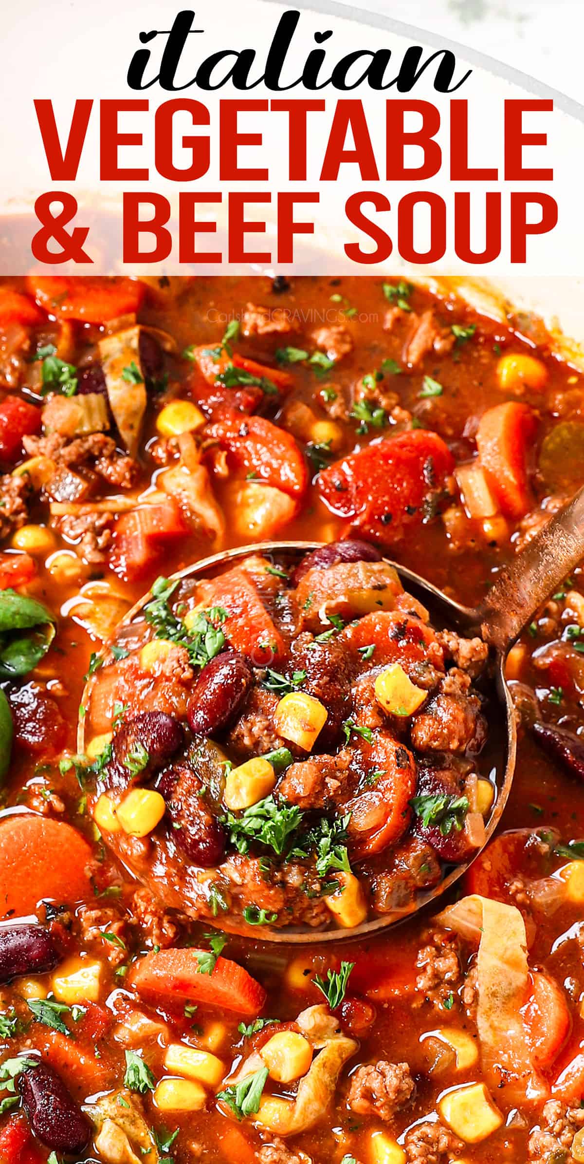 up close of vegetable soup recipe showing the vegetables, beef, carrots, celery, kidney beans and corn