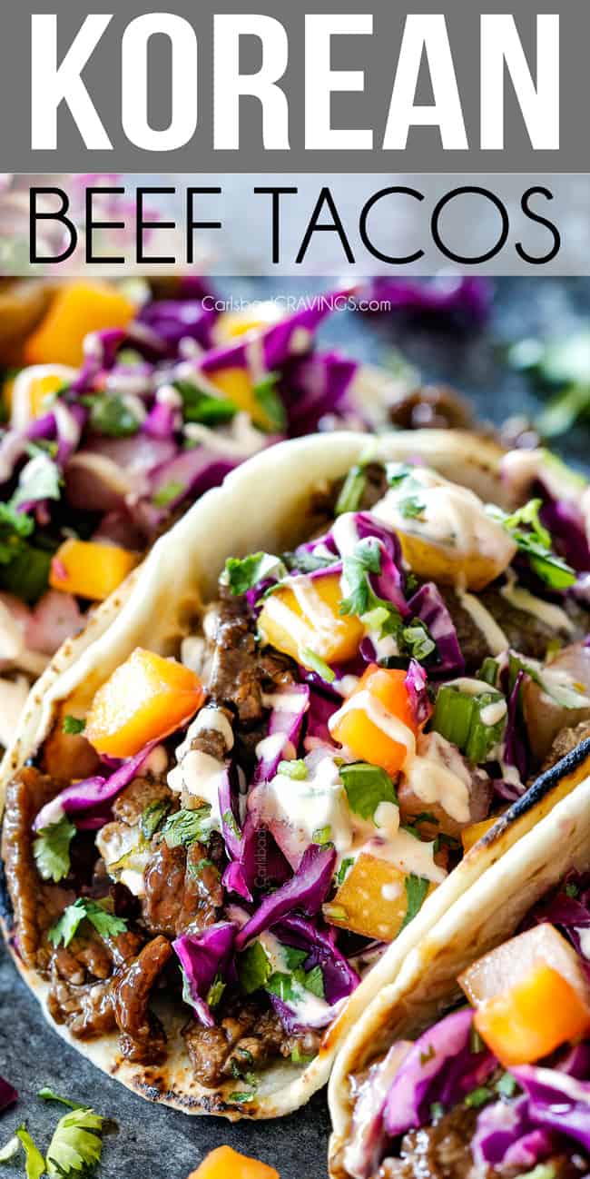up close of easy Korean tacos with steak in a flour tortilla with Pear Mango Slaw
