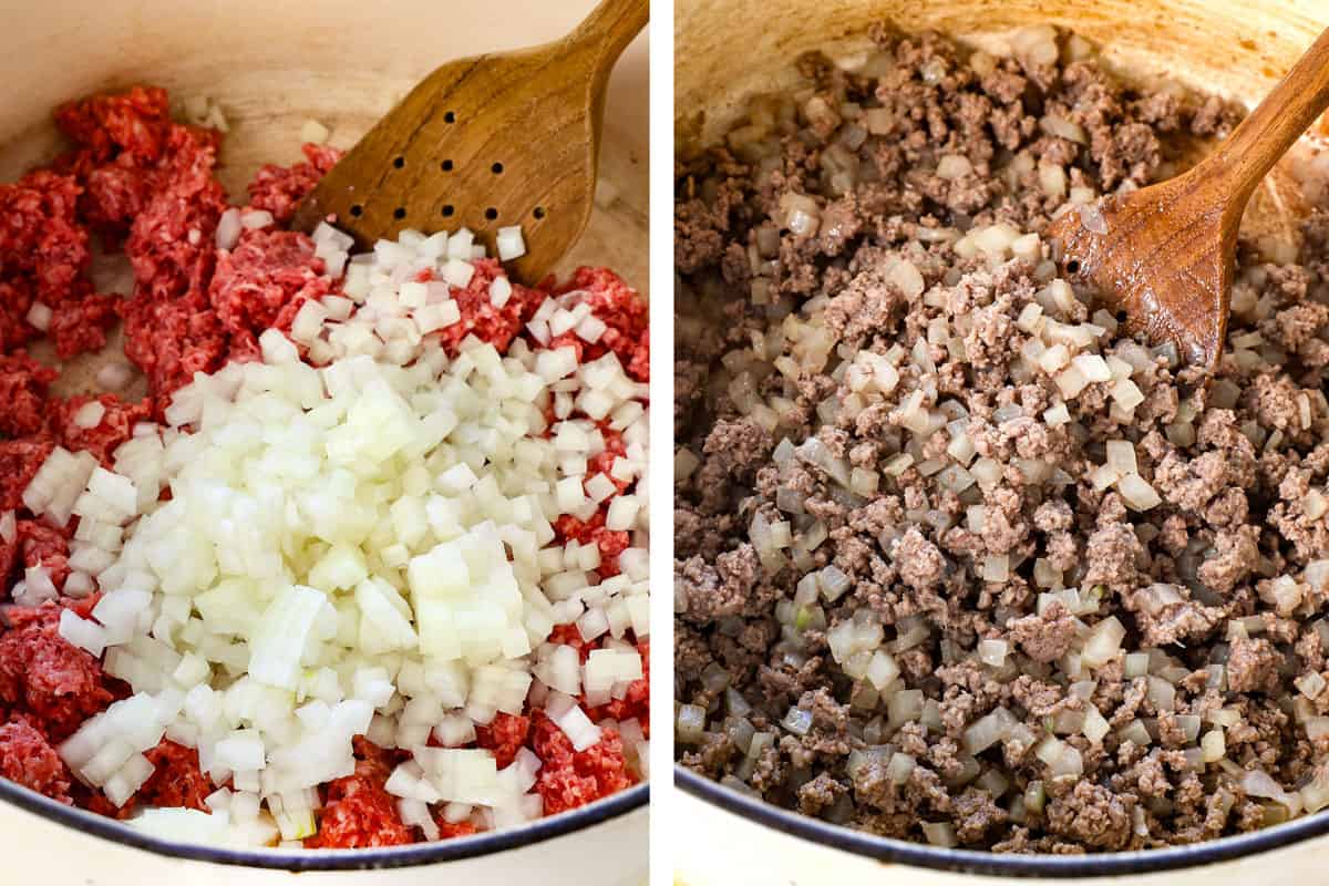 showing how to make vegetable beef soup recipe by sautéing the onions while browning the beef