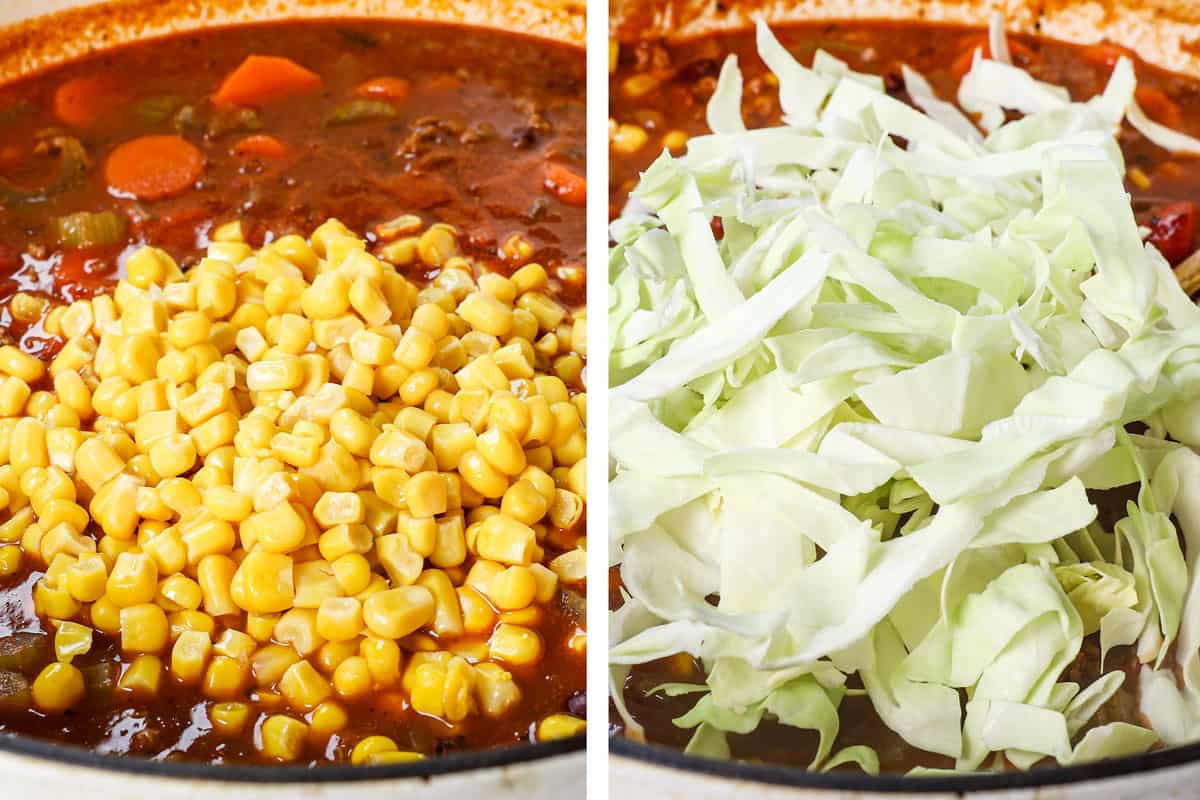 showing how to make vegetable beef soup recipe by adding the corn, followed by the cabbage