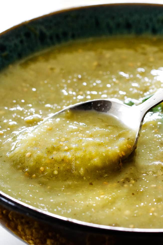 spoonful of homemade salsa verde for Salsa Verde Chicken