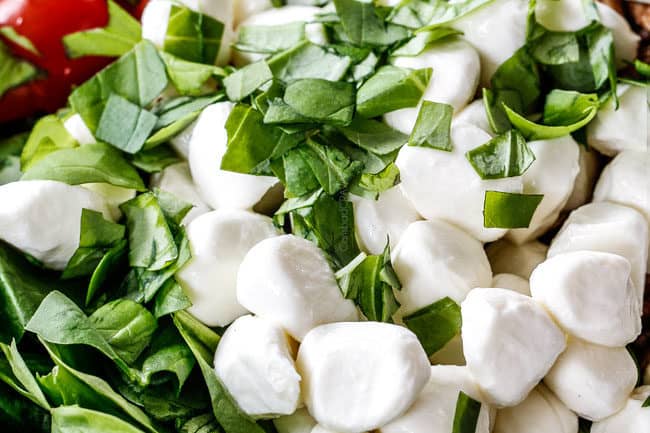 showing how to make caprese pasta salad with mozzarella
