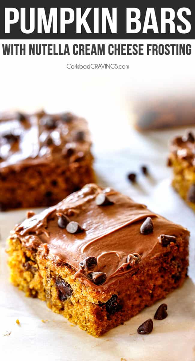 up close of pumpkin bars with chocolate chips