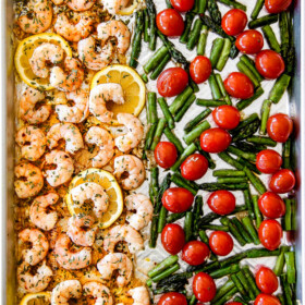 top view of shrimp scampi on a baking sheet