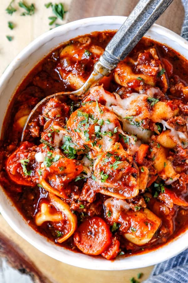 ONE POT Italian Sausage Tortellini Soup (VIDEO!) (stove OR slow cooker)
