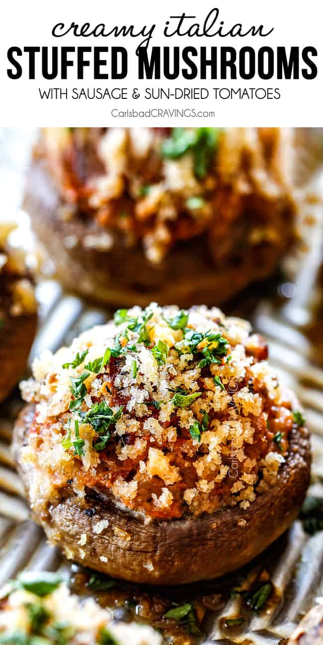 side view of best sausage stuffed mushrooms on a baking sheet with cream cheese filling and panko topping