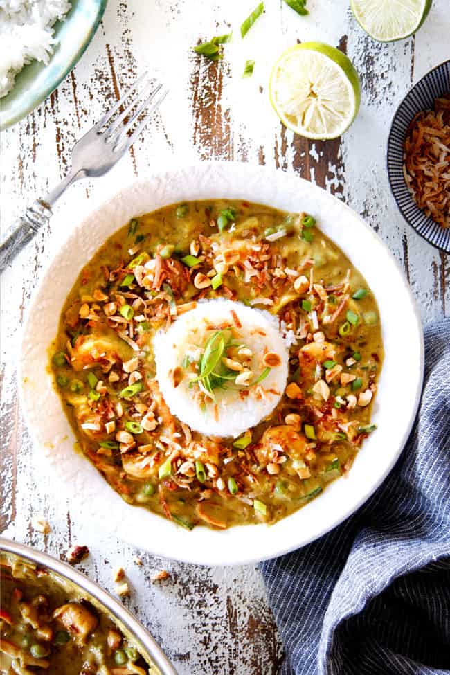 top view of Bang Bang Shrimp in a white bowl with a pile of rice in the center