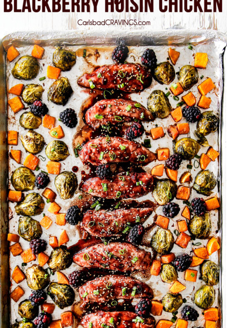 top view of hoisin chicken on a sheet pan with butternut squash and brussels sprouts
