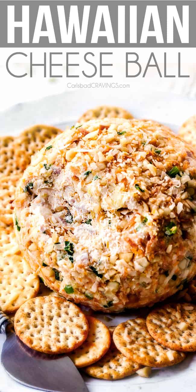 up close of best Pineapple Cheese Ball with some cheese spread missing