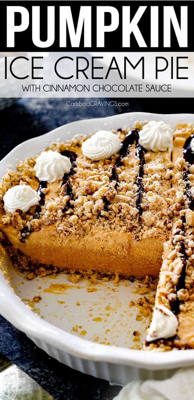 side view of ice cream pie with ice cream, pure pumpkin, cinnamon and chocolate drizzle