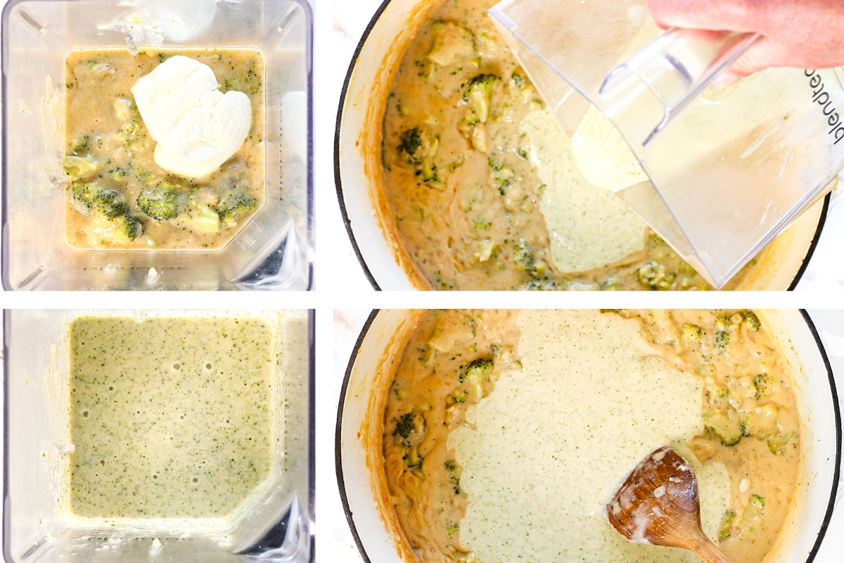 a collage showing how to make broccoli cheese soup by pureeing half the soup in a blender with cream cheese, then stirring it back into the pot