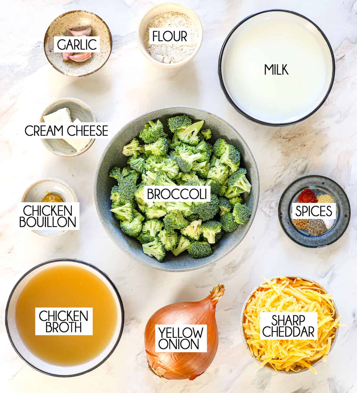 top view of ingredients for broccoli and cheese soup:  broccoli florets, sharp cheddar cheese, onion, garlic, cream cheese, milk, chicken broth and spices