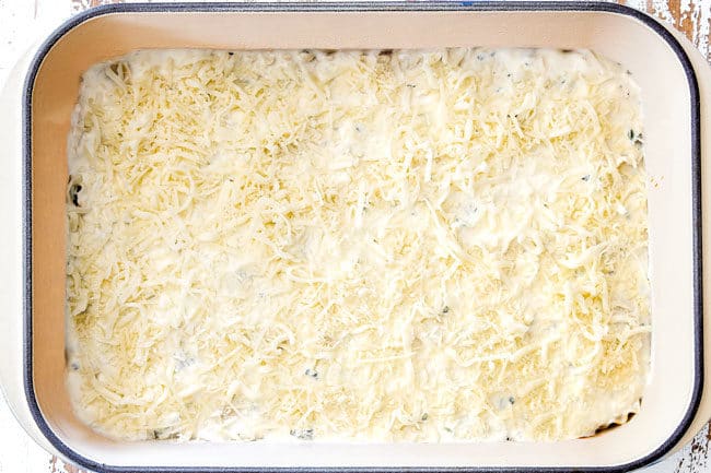 showing how to layer lasagna with a layer of mozzarella and Parmesan