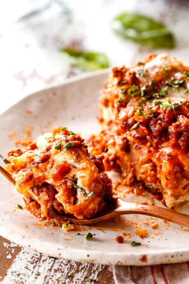 a bite of easy lasagna on a fork