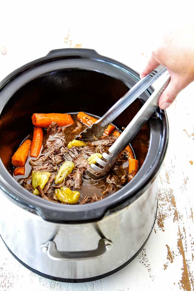 showing how to make Mississippi Pot Roast with potatoes in slow cooker
