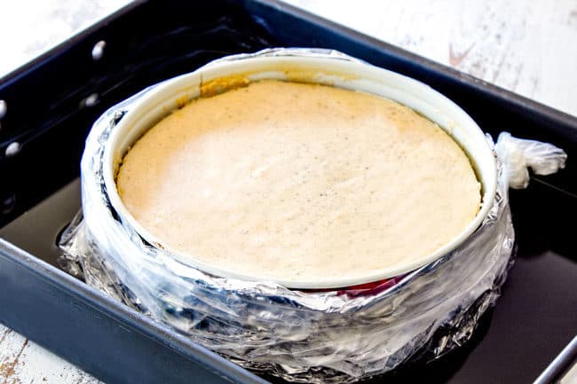 showing how to make Chocolate Raspberry Cheesecake by waterproofing pan and placing in a water bath  